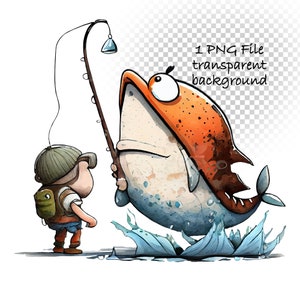 Funny fishing png clipart watercolor illustration, big fish with fisherman digital file, transparent background