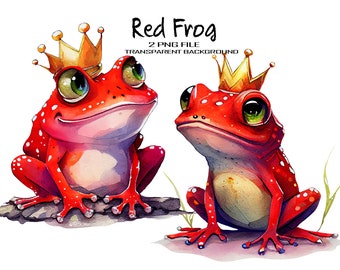 Cute Frog Clipart, Royal Animal Watercolor PNG, Funny Red Frog Digital Art Images for Commercial Use.