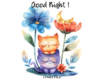 Adorable Cat Clipart for Nursery, Watercolor cute animal and flowers PNG Digital Art