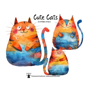 Clipart chat : collection de félins aquarelles fantaisistes, images PNG ludiques et artistiques pour création