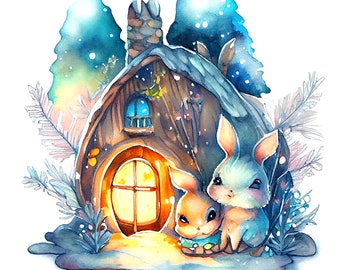 Cute bunny winter house drawing instant download jpg file, watercolors animal drawing