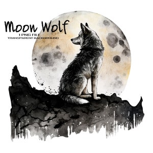 Enchanting Wolf Gazing at the Moon - High-Quality PNG Clipart, Watercolor Digital Art