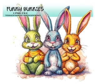 Png Funny Animal Clipart. Colorful Watercolor Bunny Digital File for Sublimation. Easter Colorful Clipart.