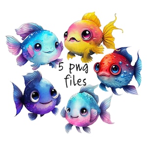 Vissen PNG kleurrijke grappige aquarel tekenset. Leuke vissen png clipart digitale bestanden voor coole vissen t-shirt ontwerpen en wenskaarten