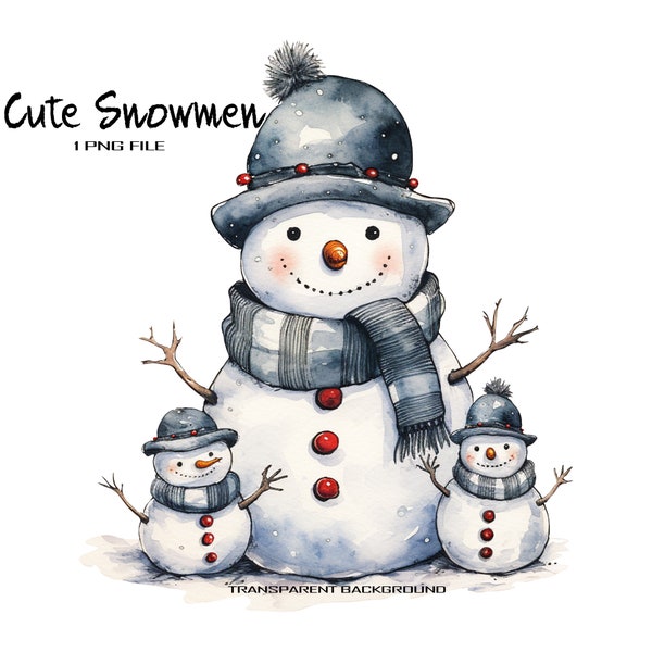 Cute Snowmen Family Watercolor Clipart with Transparent Background