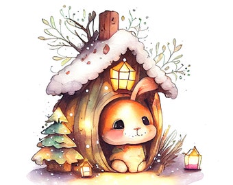 Bunny winter house jpg digital watercolor drawing instant download file. Cute winter animals