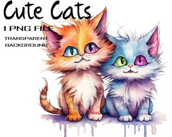 Whimsical Watercolor Cute Cat Clipart - Playful and Adorable Feline Illustrations for Crafts and Designs