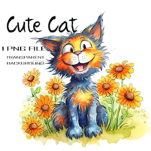 Summer PNG Cat Clipart: Funny Happy Cute Orange Cat in Daisies Illustration