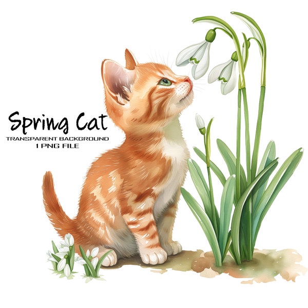 Cat Clipart, Spring Flowers Snowdrops PNG Digital Art File