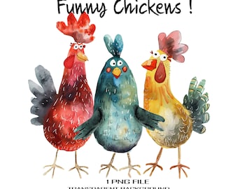 Funny Chickens PNG Watercolor Clipart