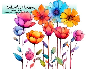 Colorful Watercolor Flowers Clipart: Funny and Cute Floral Cartoon Illustrations