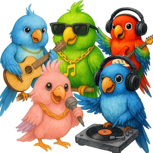 Bunte Musik Papageien Clipart PNG - Coole Vögel spielen Instrumente - DJ, Gitarre, Mic - 300 DPI Sublimationsdesign