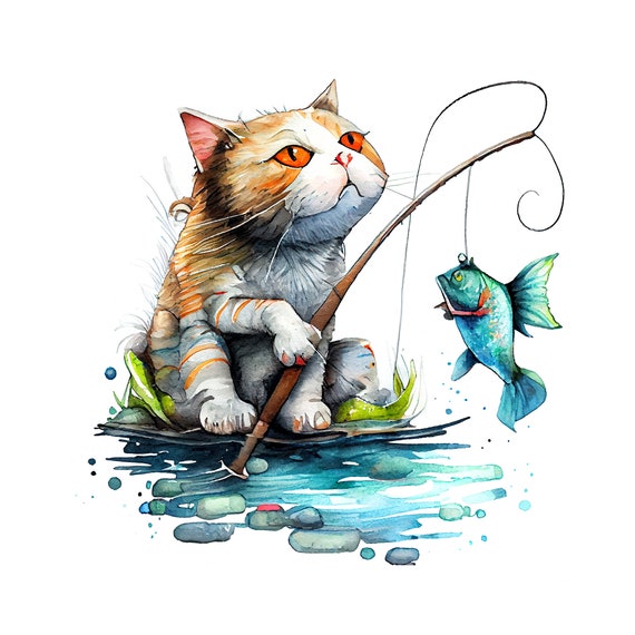 Funny Cat Fishing Big Fish Jpg Digital Instant Download File. Cute  Watercolors Animals Drawing. 