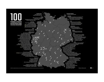 Football Stadiums Germany Map | Dark Version | 100 Stadiums to Check Off | Groundhopping Poster DIN A2