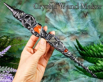 Crystal Wand with Star Pentacle, Five Elements Pentacle Wand with Red Jasper & Hematite Crystals Wand, Crystal Healing Wand, Witch Wand Gift
