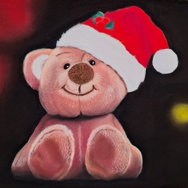 Nounours dans une peinture pastel originale de chapeau de père Noël