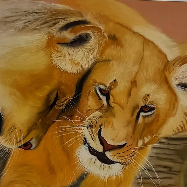 Lions aux pastels sur papier pastelmat 9,5 pouces x 12 pouces Encadré
