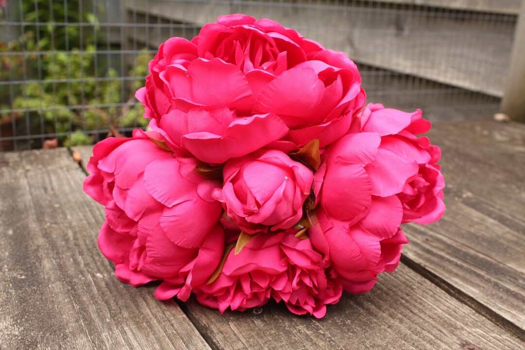 5 X Cerise Pink hot Pink Silk Peony Flowers & Bud on Individual Wired Stems Tied Bunch Etsy UK