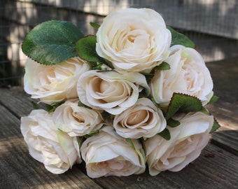 9 x Vintage Ivory Silk Roses 7cm & 4cm - tied bunch on individual wired stems