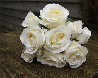 9 x Ivory (Pale Cream) Silk Roses & Rosebuds tied bunch on individual wired stems