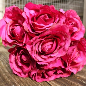 7 x Cerise Pink (Hot Pink) Silk Roses 7cm on individual wired stems - tied bunch