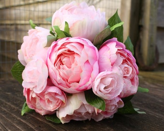 6 x Pale & Mid Pink Silk Peony Flowers with buds, 8cm heads on individual  19cm wired stems