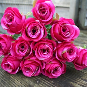 LAST FEW !!  12 x Rich Hot Fuchsia Pink Silk Roses 6cm heads on wired stems