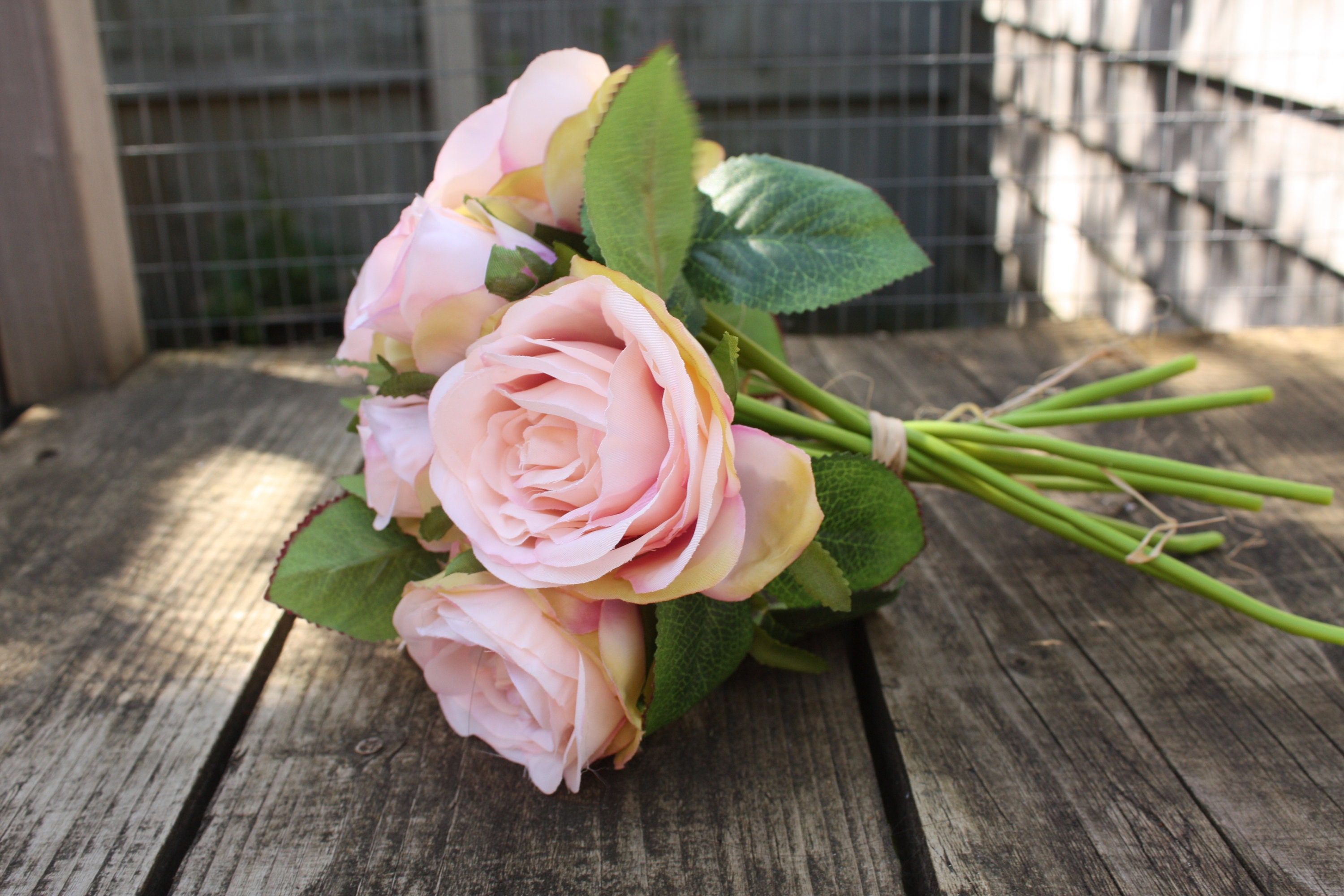 9 X Ivory / Pink Blush Silk Roses 7cm & 4cm Tied Bunch on Etsy UK