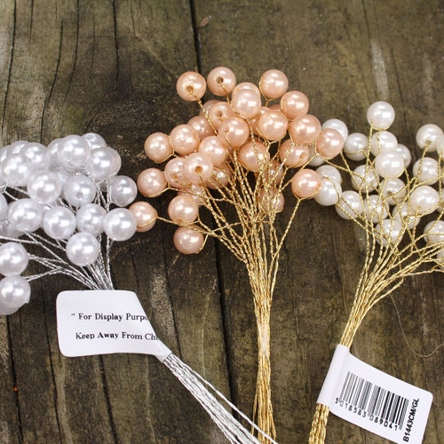 2 x BUNCHES =12 Stems CRAFT/WEDDING/BOUQUETS/CORSAGES PEARL BEADS ON GOLD WIRE 