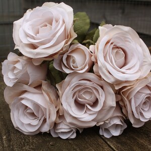 9 x Vintage Pale Mocha Cream Silk Roses & Buds, on long wired stems