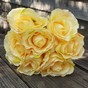 7 x Yellow Silk Roses 7cm on wired stems, tied bunch - small bouquet