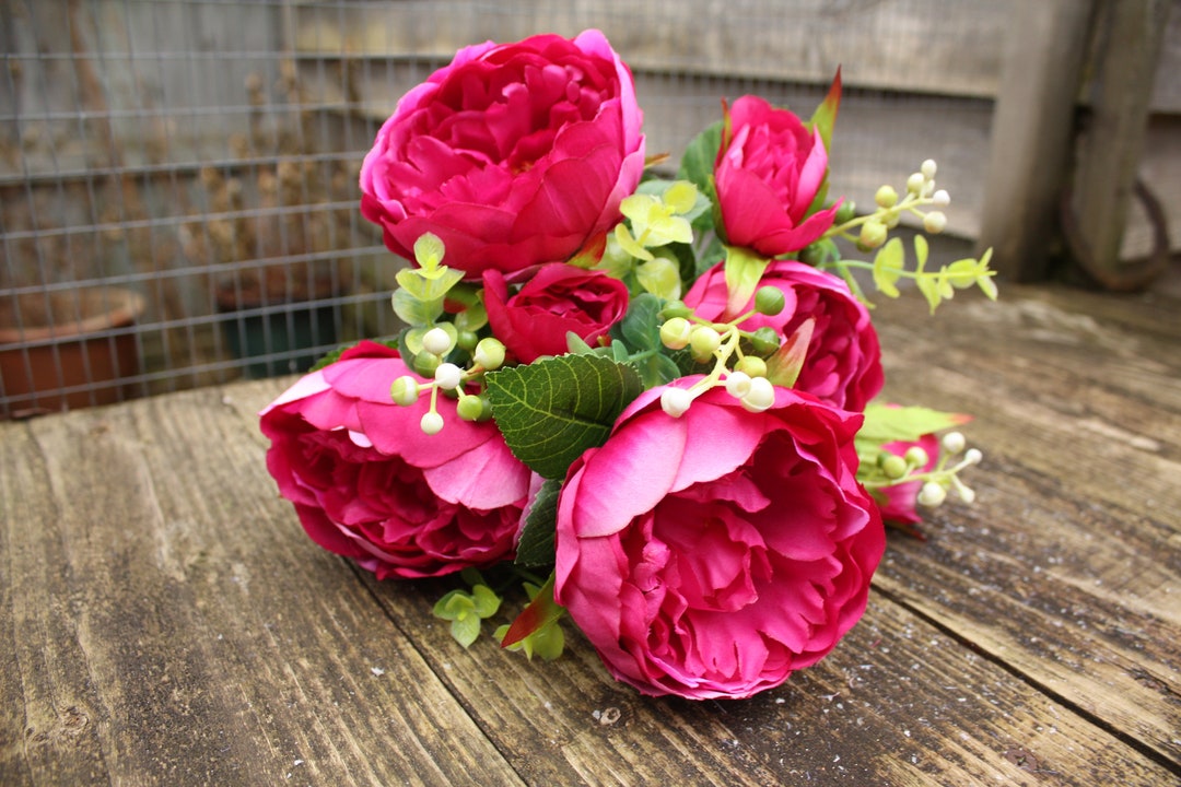 7 X Hot Fuchsia Pink Silk Peony Flowers & Buds, With Berry Sprigs and Foliage Etsy UK
