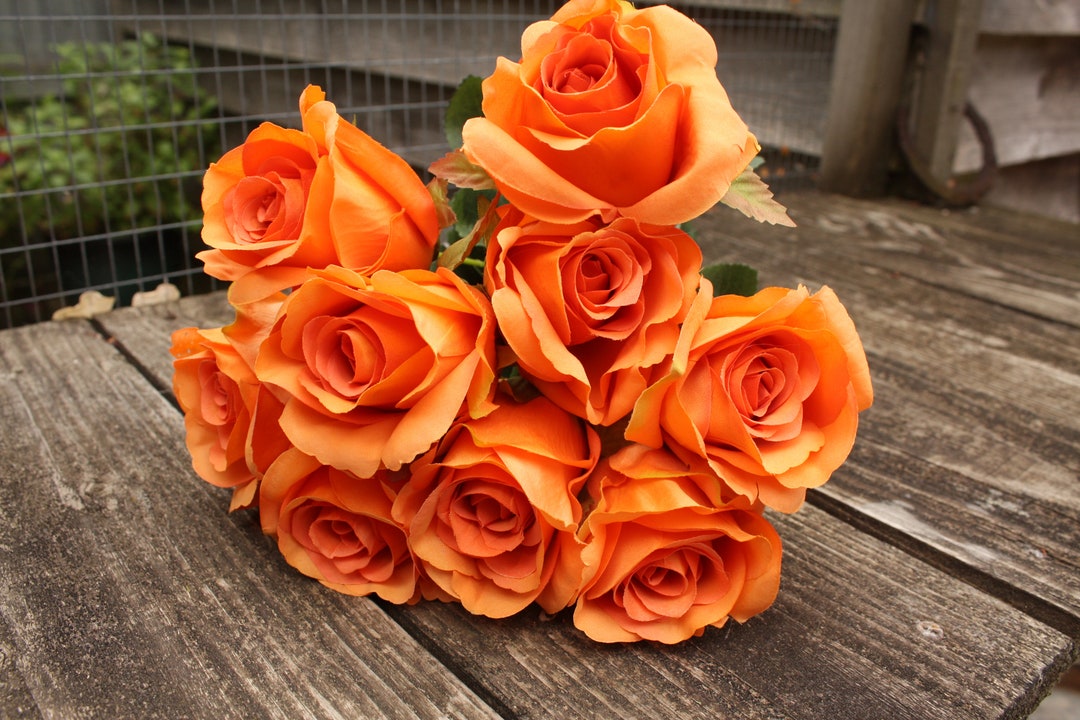 9 X Rich Orange Silk Roses 6cm Heads on Wired Stems Flower Etsy