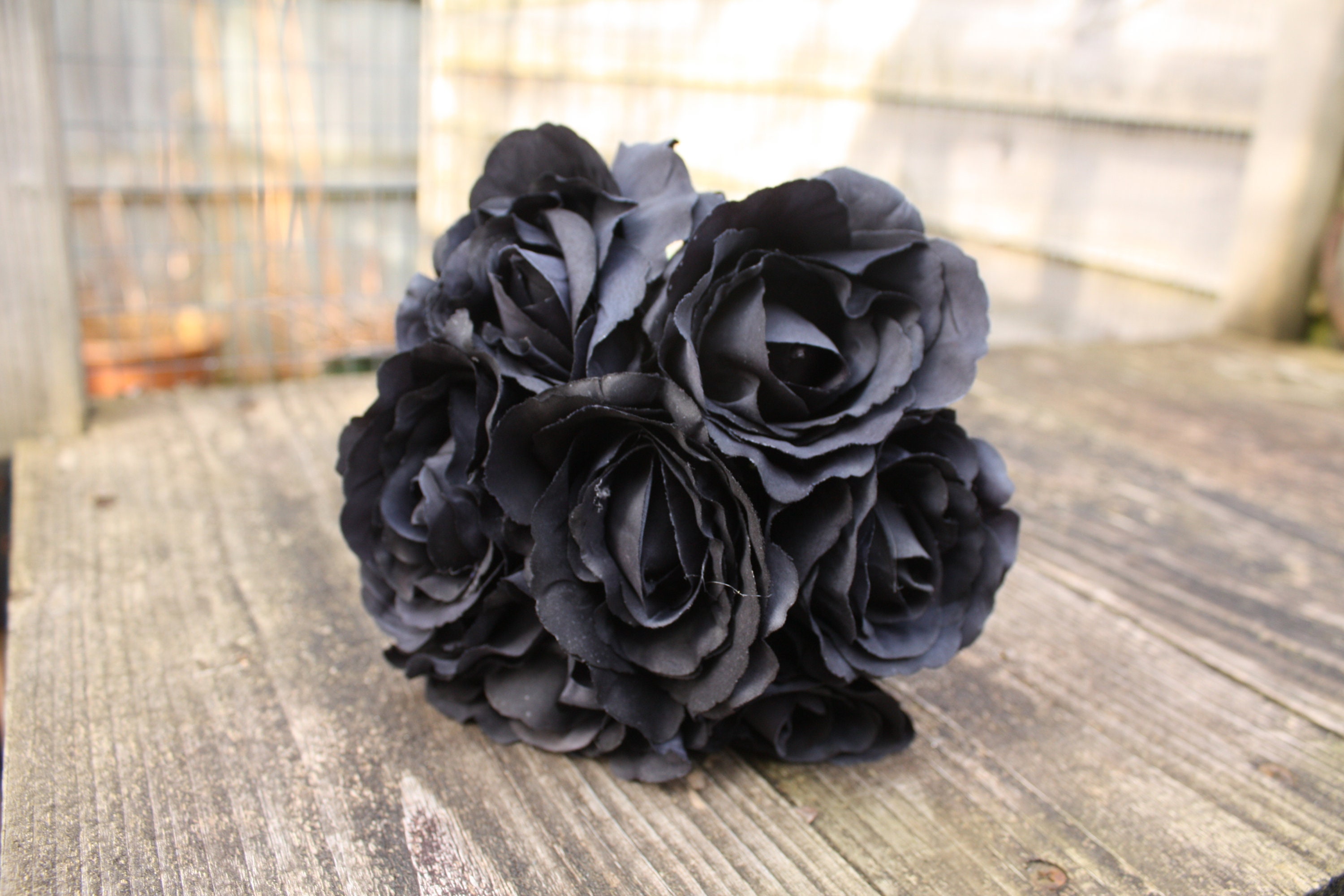 7 x Rich Black Silk Roses 7cm on individual wired stems tied Etsy