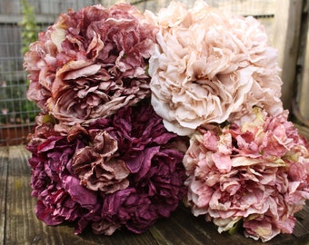 7 stem Vintage Dried Look Silk Peony & Hydrangea Bunch, 20cm stems, choice of Dusky Pink, Vintage Mauve,  Oyster or Aubergine