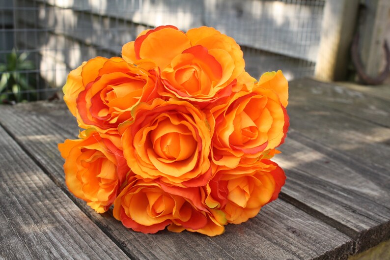 7 X Rich Orange Silk Roses 7cm on Wired Stems Tied Bunch Etsy