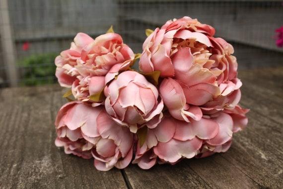 5 x DUSKY BLUSH MOCHA PINK SILK PEONY FLOWERS /& BUDS TIED BUNCH SMALL BOUQUET