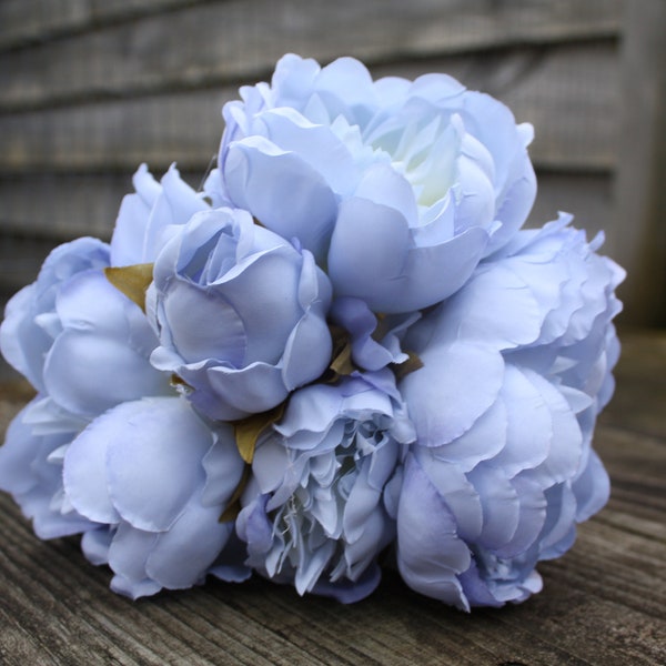 5 x Vintage Pale Blue Silk Peony Flowers & Bud tied Bunch Small Bouquet