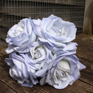 5 x Pale Vintage Blue Open Silk Roses 10cm on individual wired stems tied bunch / small bouquet