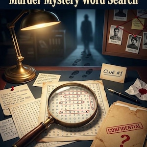 Pode incluir: Uma capa de livro Who Dun It? Murder Mystery Word Search com uma lupa sobre uma grade de caça-palavras, uma luminária de mesa de latão, um quadro de avisos com fotos de suspeitos, uma caneta-tinteiro e uma pasta marcada como Confidential.