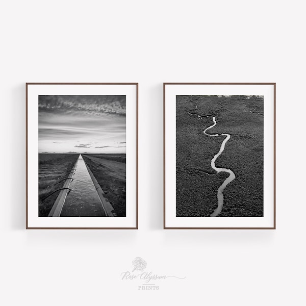 River and Canal prints art set. Canal to the horizon wall art set. winding river wall poster set. black and river photo wall art - 0912