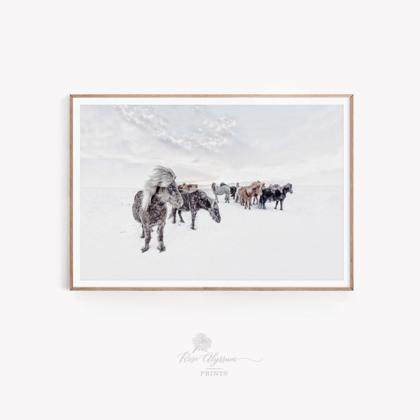 Horse in the snow storm print art, horse decor print, winter horses wall art, horse wall poster, horse printable digital, moving gift - 0202