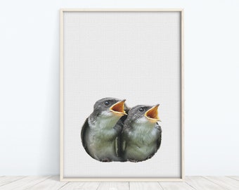 May include: Two baby birds with open beaks, looking up, are peeking out of a round hole in a white wall. The birds are gray and have yellow beaks.