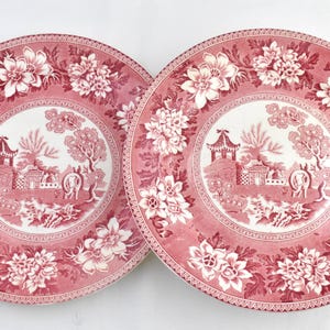 Pair of Hadderidge Pottery Dinner Plates - Red & White Antique Transferware Red White Pink China - Decor Plates - Imperfect with Crazing