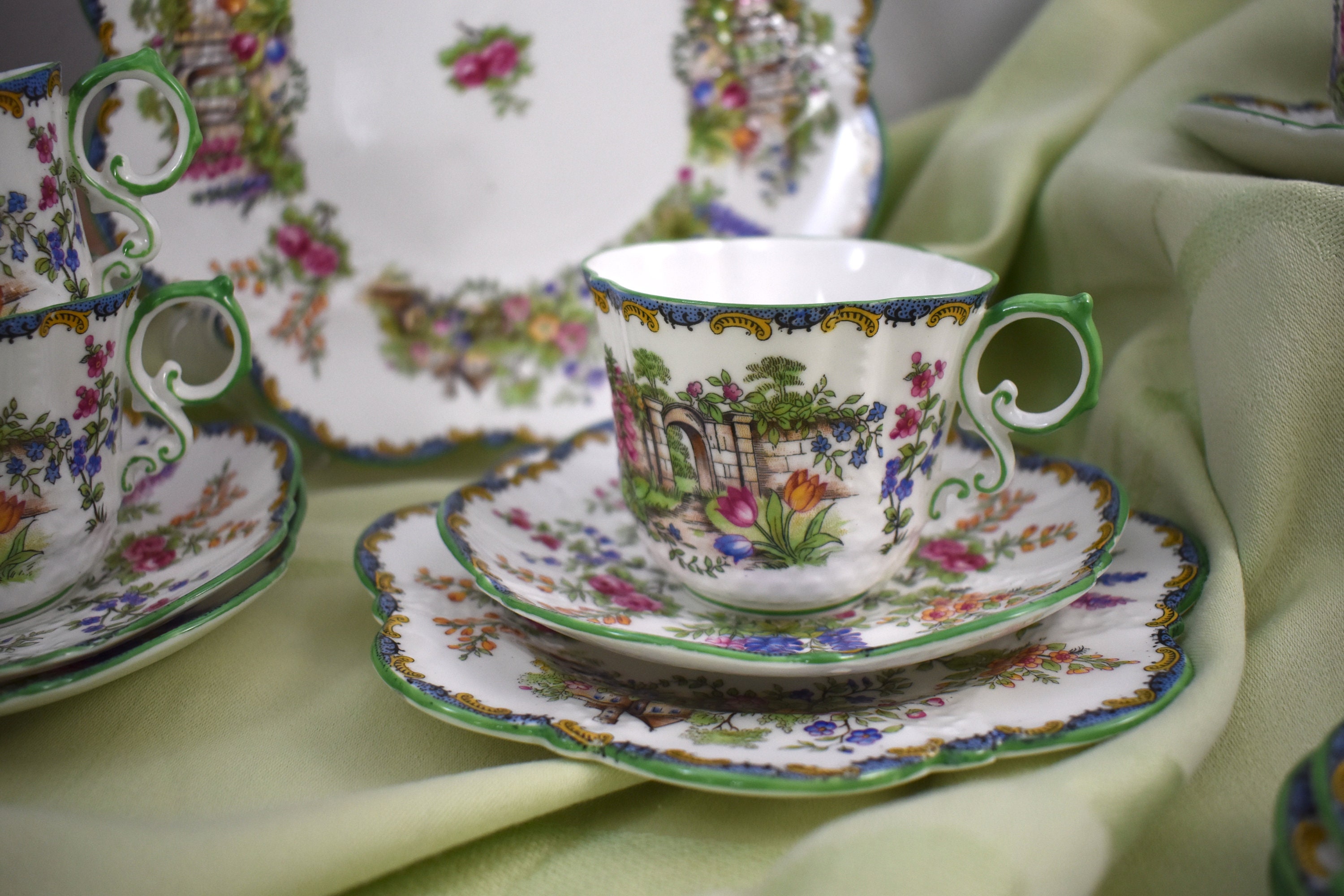 Aynsley Garden Gate B1356 Tea Cups and Dessert Plates Green Etsy