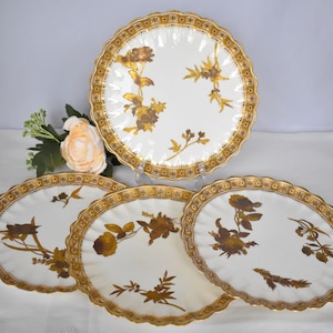 Copeland Spode Scalloped Plates - Raised Gold and Enamel Floral Pattern