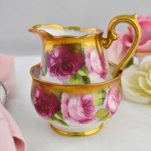 Crown China Royal Albert Old English Rose Heavy Gold  Creamer and Sugar