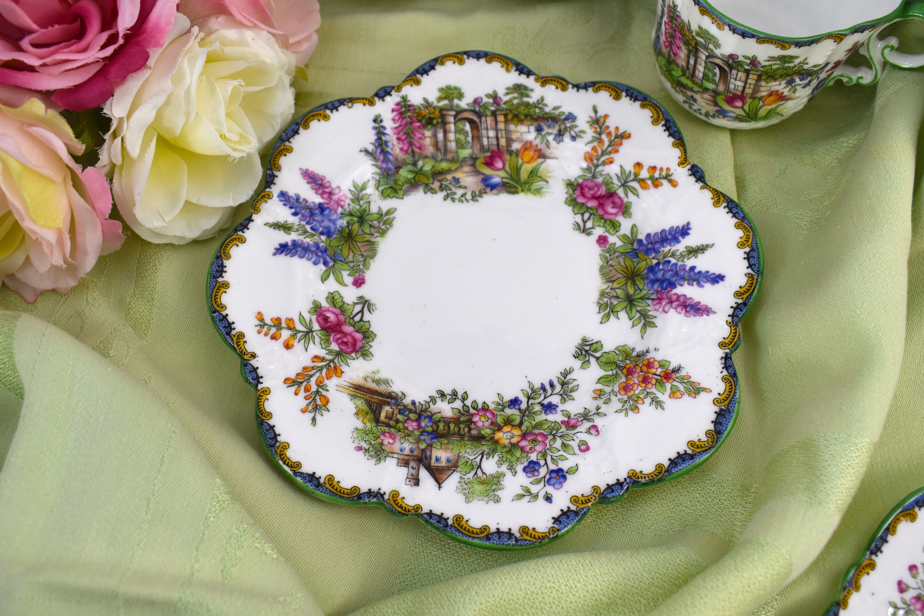 Aynsley Garden Gate B1356 Tea Cups and Dessert Plates Green Etsy