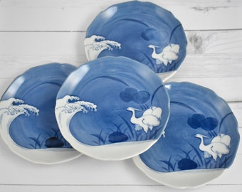 Set of 4 Small Plates - Blue and White - Made in Japan - White Heron