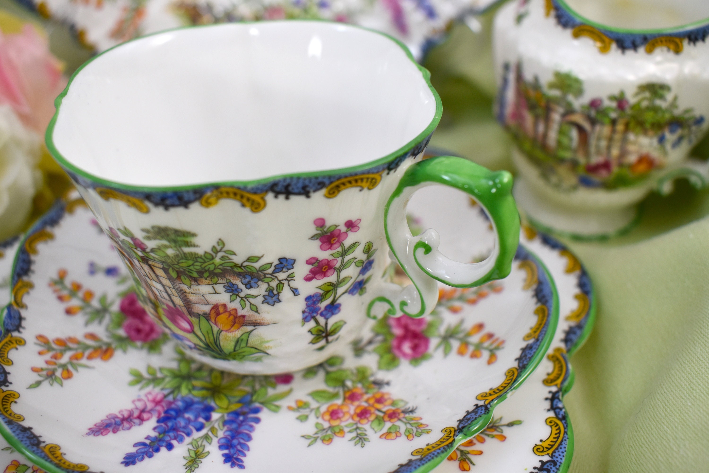 Aynsley Garden Gate B1356 Tea Cups and Dessert Plates Green Etsy